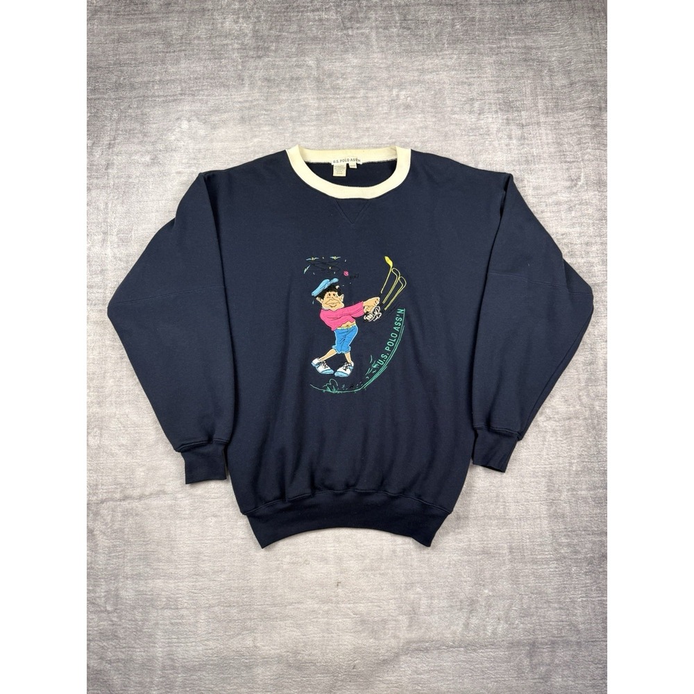 Vtg Golf Sweater Mens Medium Blue‎ Us Polo Assn Embroidered 80s Parody Fleece